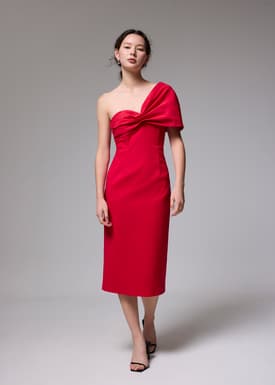 Asymmetric Front Twist Column Midi Dress