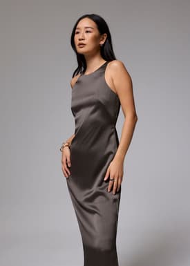Crinkled Satin Column Midi Dress