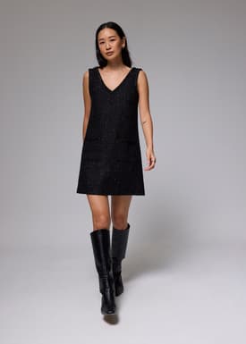 Metallic Tweed V-neck Shift Mini Dress