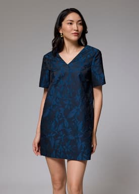 Brocade V-neck Shift Mini Dress
