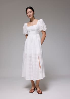 Broderie Square Neck Puff Sleeve Midaxi Dress