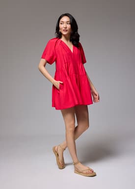 Rayon V-neck Trapeze Mini Dress