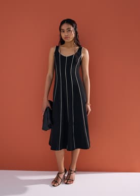 Contrast Colour Panelled V-neck Fit & Flare Midi Dress