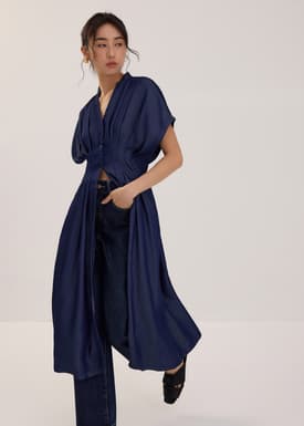 Chambray Batwing Fit & Flare Midi Dress