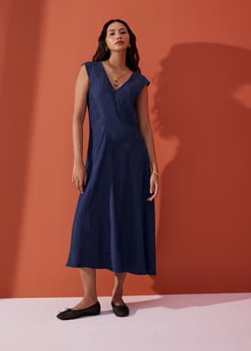 Chambray Panelled Cap Sleeve Fit & Flare Midi Dress