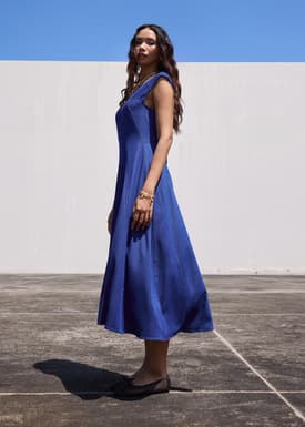 Chambray Panelled Cap Sleeve Fit & Flare Midi Dress