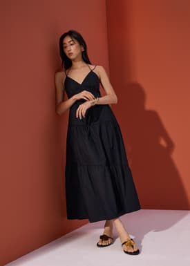 Padded Cotton Fit & Flare Tiered Midaxi Dress