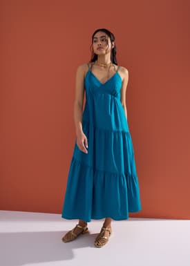 Padded Cotton Fit & Flare Tiered Midaxi Dress