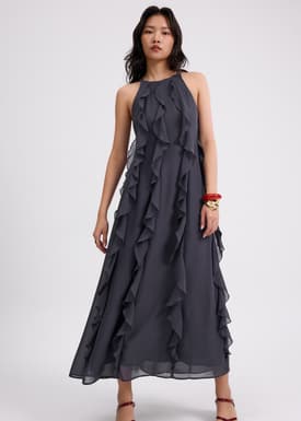 Georgette Halter Trapeze Frill Maxi Dress