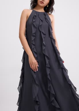 Georgette Halter Trapeze Frill Maxi Dress