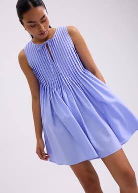 Oxford Pintuck Notched Trapeze Mini Dress