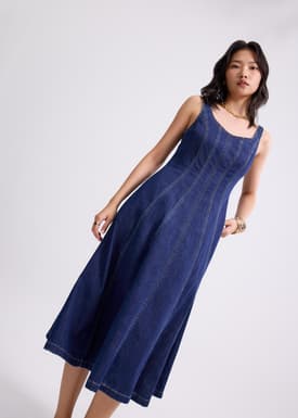 Denim Panelled Sweetheart Midi Dress
