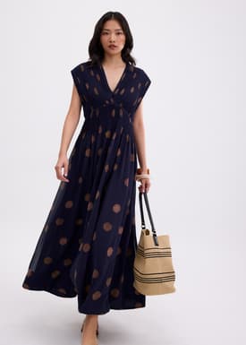 Padded Plisse V-neck Fit & Flare Maxi Dress in Brushed Dots