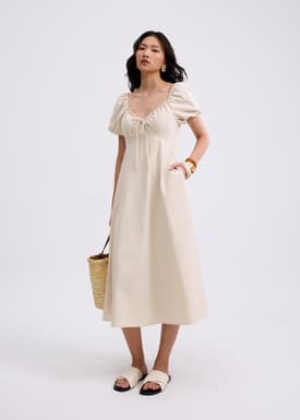 Padded Linen Sweetheart Puff Sleeve Midaxi Dress