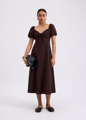 Padded Linen Sweetheart Puff Sleeve Midaxi Dress