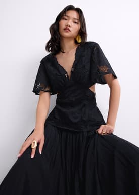 Lace V-Neck Bell Sleeve Fit & Flare Maxi Dress