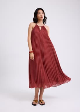 Pleated Trapeze Halter Midaxi Dress