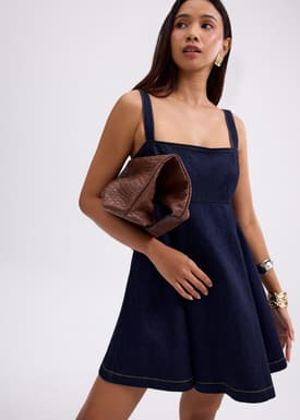 Denim Straight Neck Babydoll Mini Dress