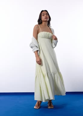 Padded Pinstripe Seersucker Multi-way Fit & Flare Maxi Dress