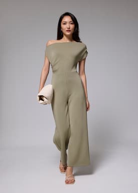 Pleated Neoprene Asymmetric Jumpsuit