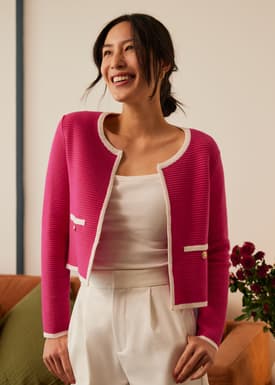 Round Neck Contrast Knit Cardigan