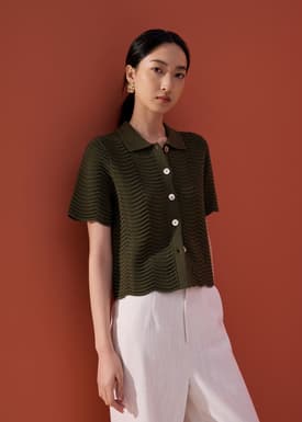 Wavy Knit Collared Boxy Cardigan