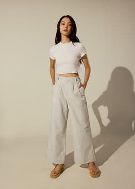 Striped Linen Wide Leg Pants in White
