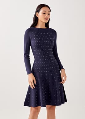 Venni Dotted Fit & Flare Dress