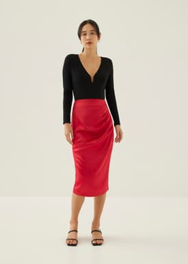 Ninda Satin Pleated Column Midi Skirt