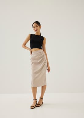 Ninda Satin Pleated Column Midi Skirt
