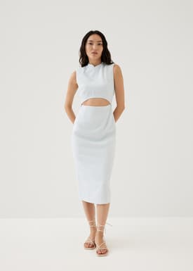 Agnes Shoulder Padded Tweed Mandarin Collar Midi Dress