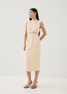 Agnes Shoulder Padded Tweed Mandarin Collar Midi Dress
