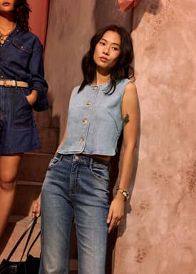 Relaxed Denim Round Neck Button Down Vest Top