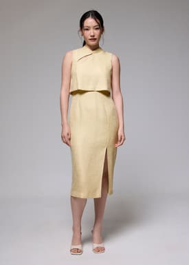 Tweed Mandarin Collar Column Midi Dress
