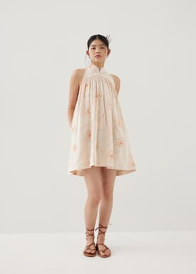 Martina Embroidered Mandarin Collar Mini Dress in Rekindled Blooms