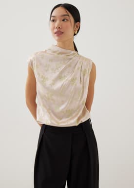 Lanna Asymmetric Satin Drape Top in Opulent Florals