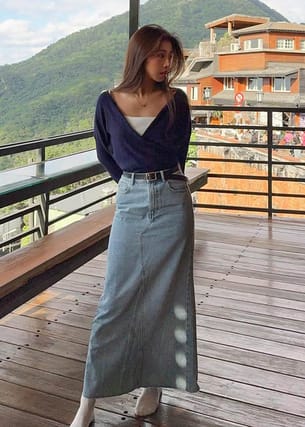 Denim Mid Waist A-line Maxi Skirt | Love, Bonito SG