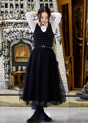 CHONO Dot&pleats tulle スカート BIJOU EMBROIDERY SHEER SKIRT(36 CHARCOALGREY): BOTTOMSjosemoon