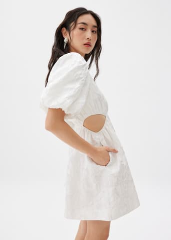 Jacquard Puff Sleeve Fit & Flare Mini Dress