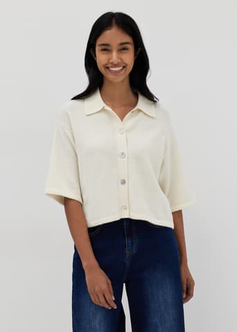 Tishya Knit Collared Button Up Top