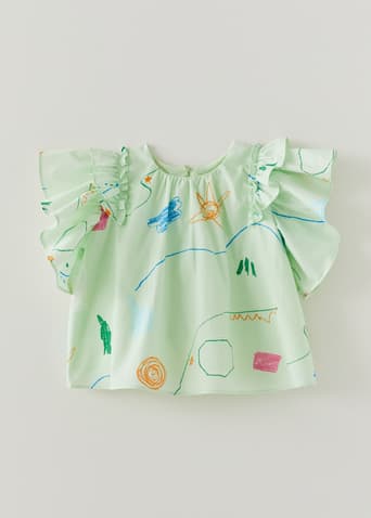 Viorie Ruffle Sleeve Top in Sunny Scribbles