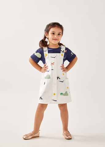 Quinny Cotton Twill Dungaree Dress in Summer Seascape