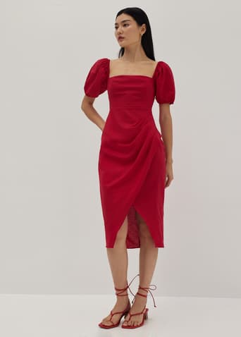 Regina Linen Puff Sleeve Midi Dress