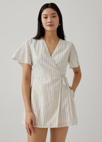 Roma Striped Broderie Wrap Romper