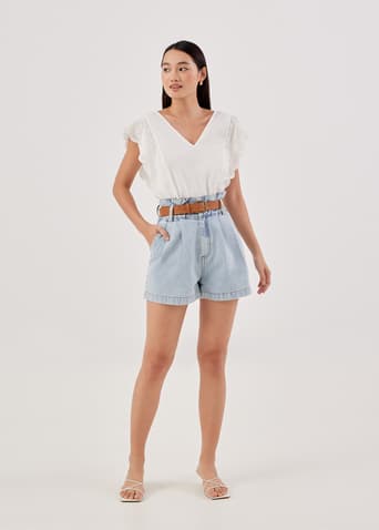 Leyla Denim Belted Elastic Paperbag Shorts