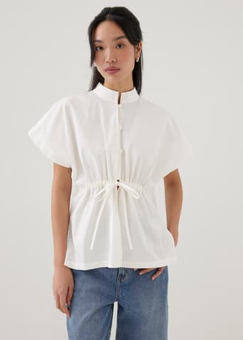 Lienne Elastic Poplin Mandarin Collar Shirt