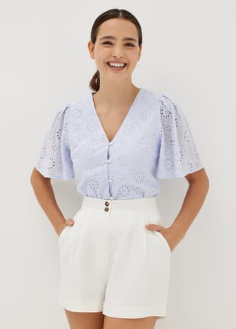 Ambria Broderie Button Flare Sleeve Top