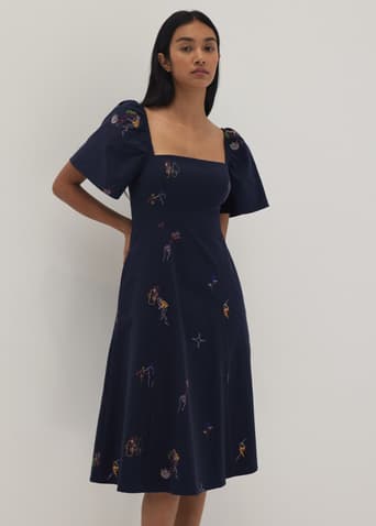Bexley Embroidered Panelled Fit & Flare Dress in Humble Abode