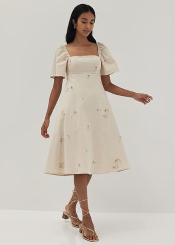 Bexley Embroidered Panelled Fit & Flare Dress in Humble Abode