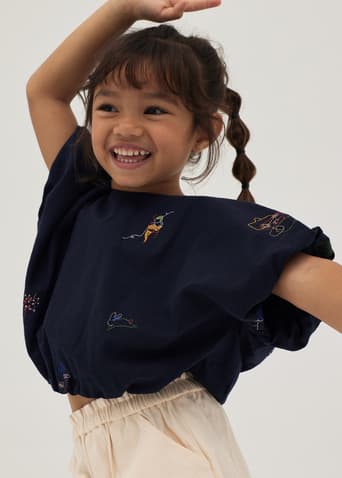 Malaya Embroidered Puff Sleeve Top in Humble Abode